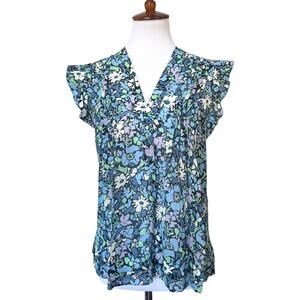 Derek Lam 10 Crosby Kona Blue Floral Flutter Short Sleeve Silk Blouse Top Size 2
